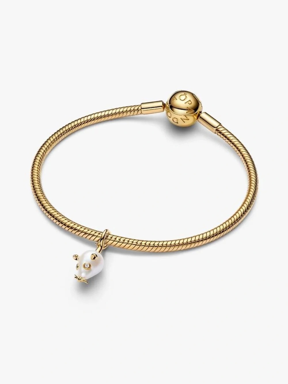 Pandora Gold Plated Snake Chain Bracelet with White Pearl Drop